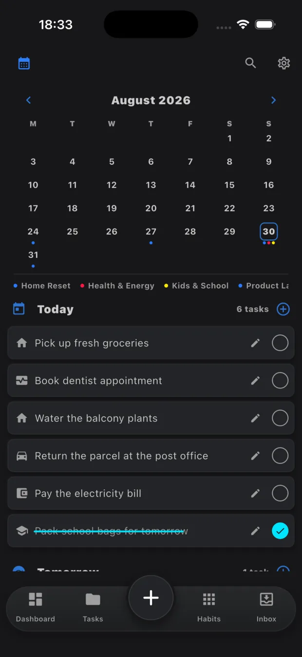 Calendar for August 2026 with today’s scheduled tasks listed below