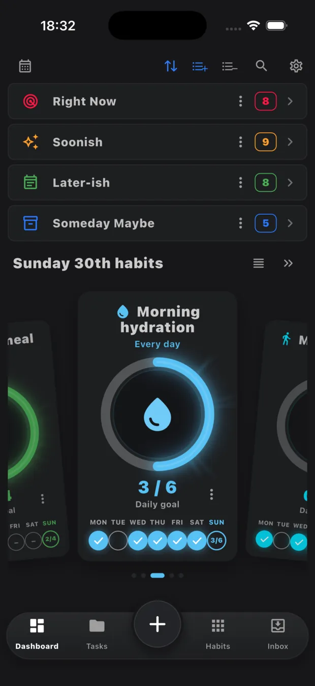 Dashboard with four priorities and today’s habit cards
