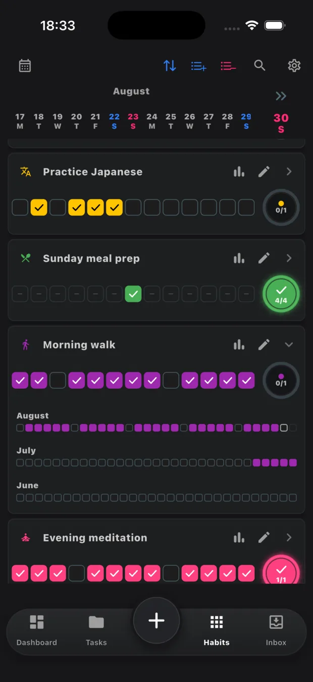 Habit tracker with daily check marks, goals and monthly progress rows