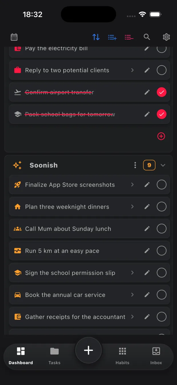 Dashboard priorities expanded to show current and completed tasks