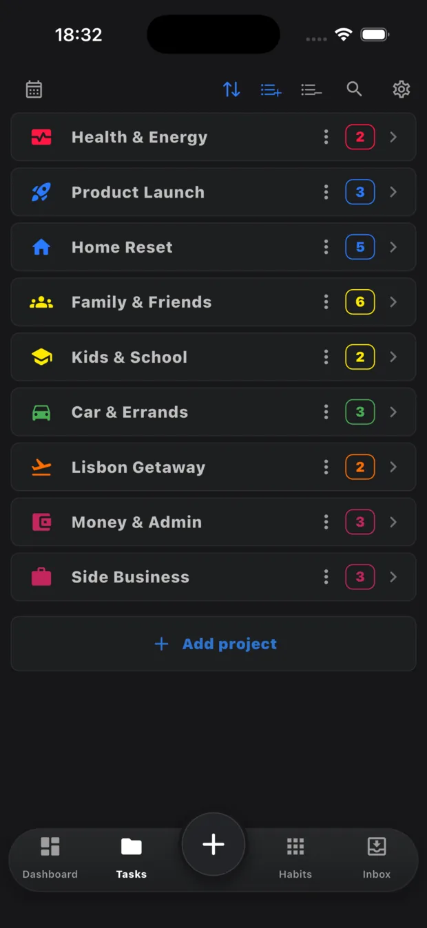 Projects list with colorful icons, task counts and an Add project action